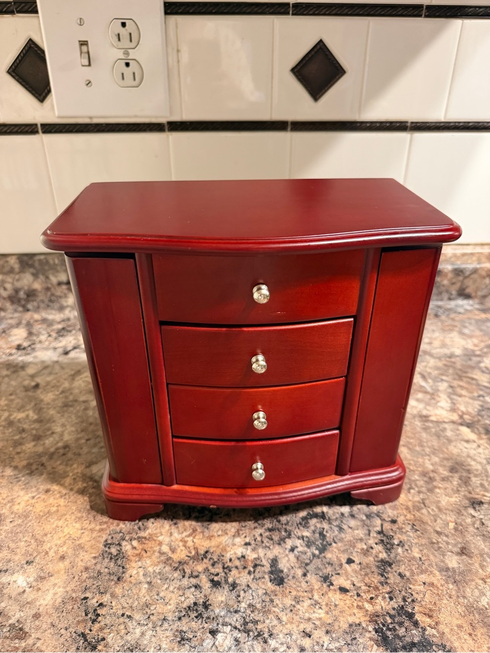 Classic Wooden Jewelry Chest in Red with 4 Drawers